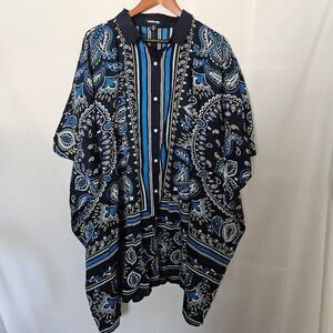 Lands End Dramatic Blue Paisley Kaftan Long Tunic Coverup Lagenlook Art Wear Plu